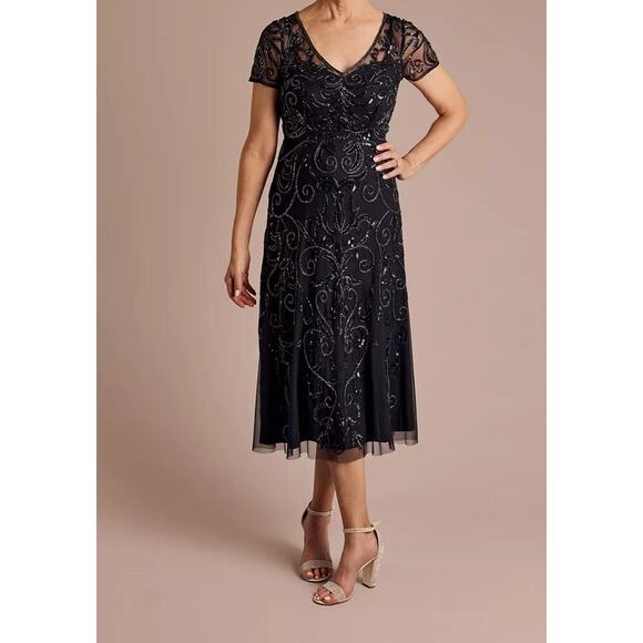 Oleg Cassini Dresses & Skirts - Oleg Cassini Allover Beaded Short Sleeve Midi Dress in Navy Blue Size 16